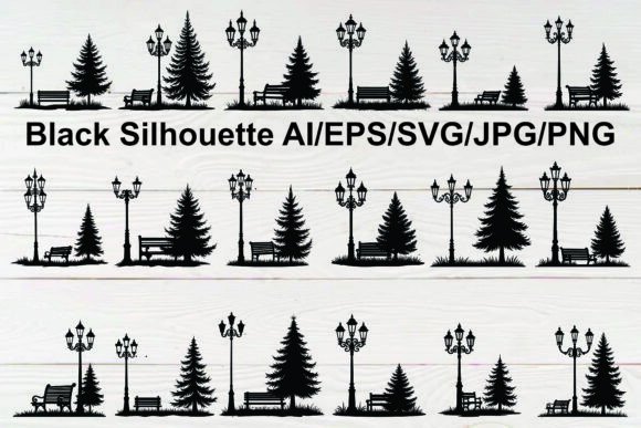Download Silhouette Park Bench Lamp Posts Set - Set Collection